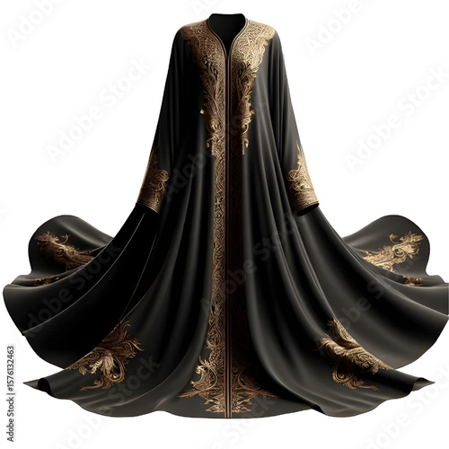 black abaya with gold embroidery, transparent background