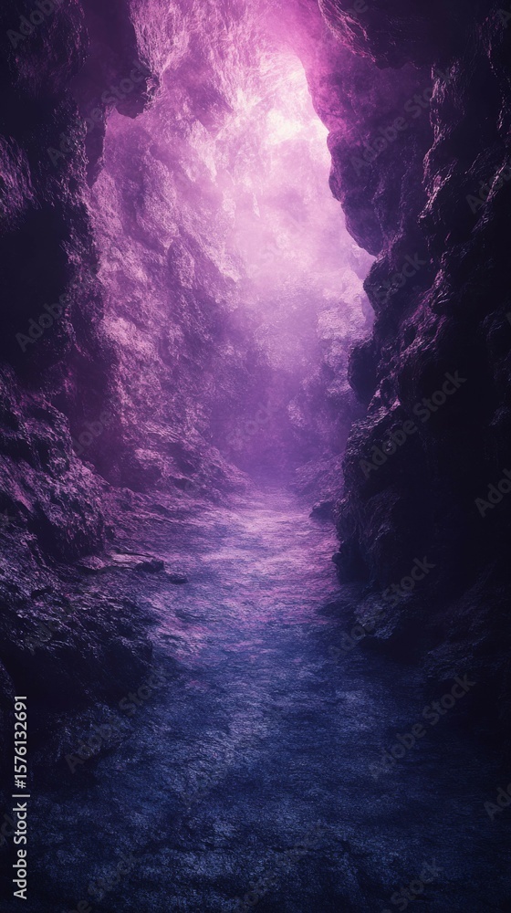 Fototapeta premium Exploring a Mysterious Cave with Glowing Purple Light