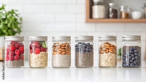 Healthy Breakfast Ingredients in Glass Jars on White Kitchen Counter