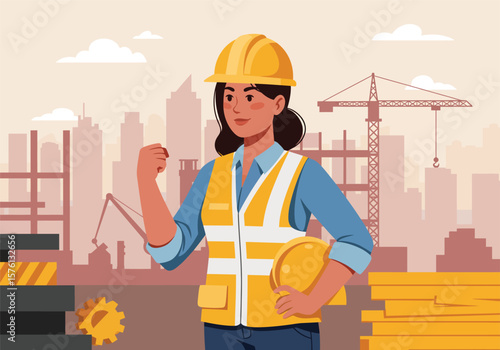 Confident Female Construction Worker in Safety Gear on a Building Site.