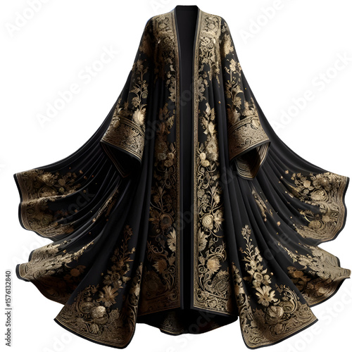 black abaya with gold embroidery, transparent background