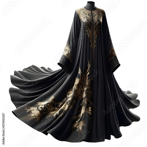 black abaya with gold embroidery, transparent background