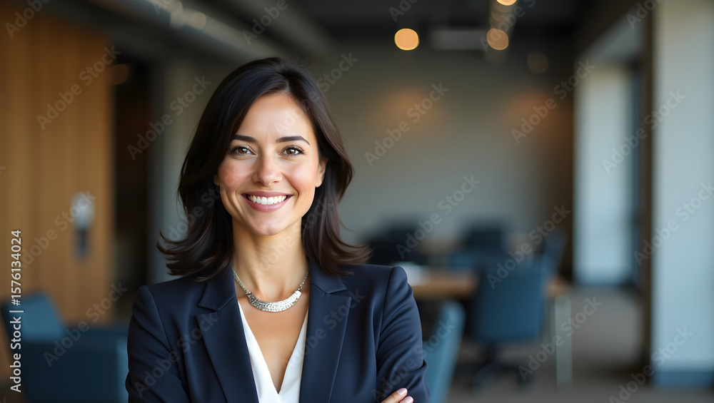 Fototapeta premium Smiling Woman in Business Suit in Professional Office Setting