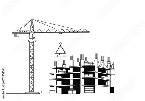 Tower Crane Lifting Materials to Multi-Story Building Under Construction.