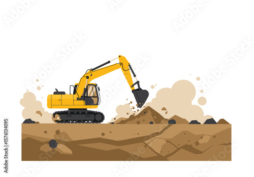 Yellow Excavator Digging Earth Vector Illustration of Construction Machinery in Action.