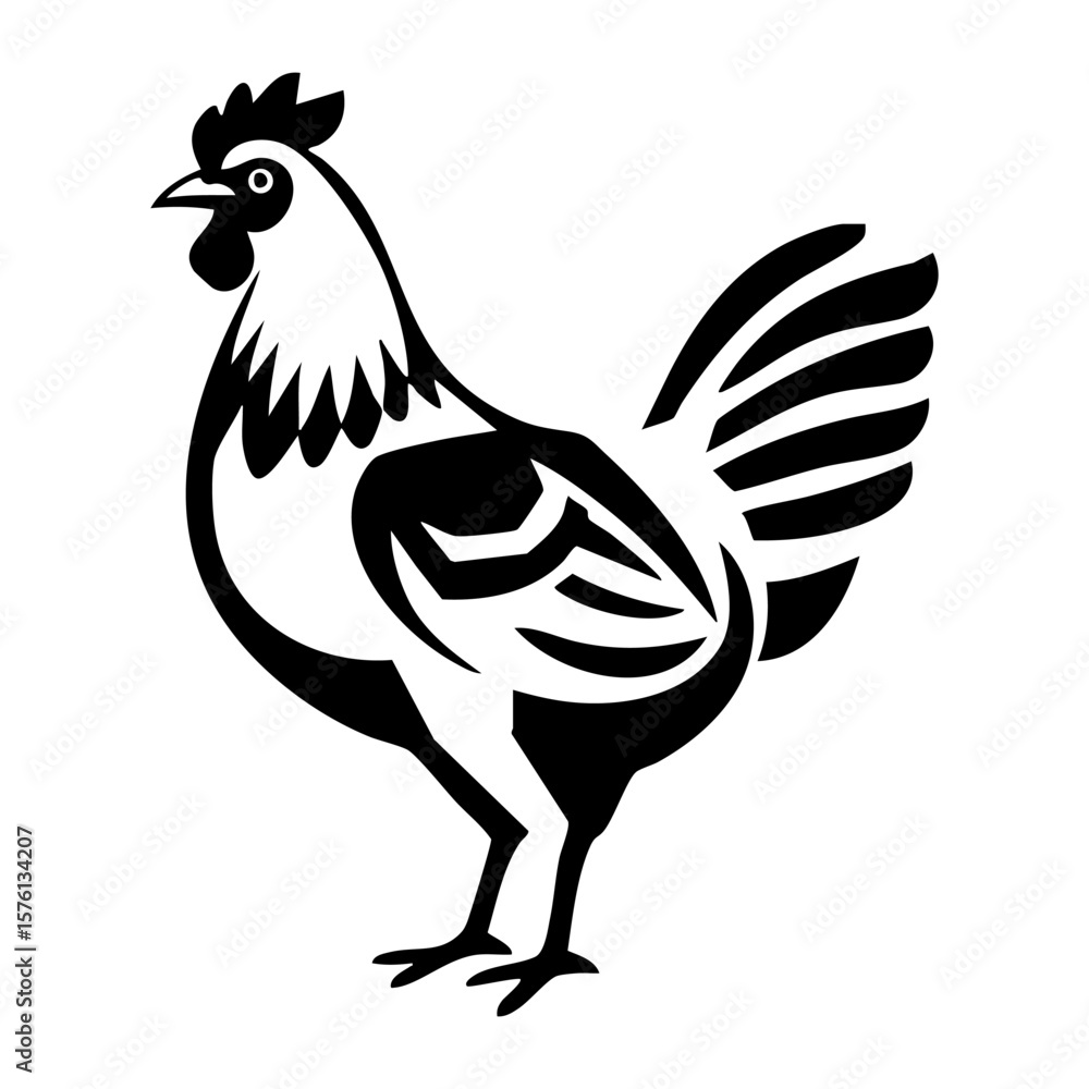 Fototapeta premium Hand drawn ink illustration of a stylized rooster or chicken in a bold black line graphic design