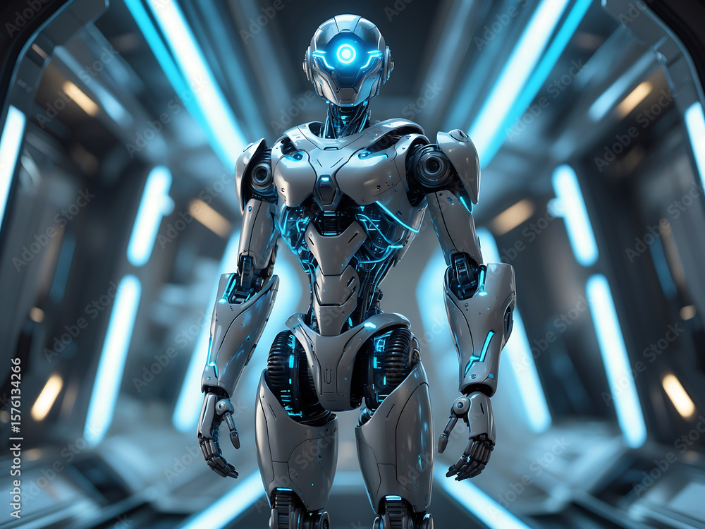 Fototapeta premium Futuristic humanoid robot with glowing blue circuitry android science fiction