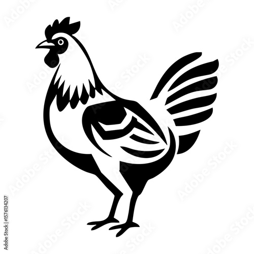 Hand drawn ink illustration of a stylized rooster or chicken in a bold black line graphic design