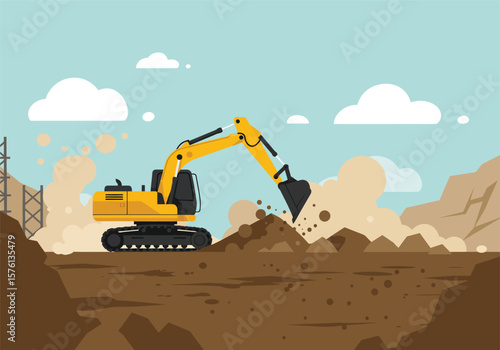 Yellow Excavator Digging Earth with Black Bucket Construction Site Illustration.