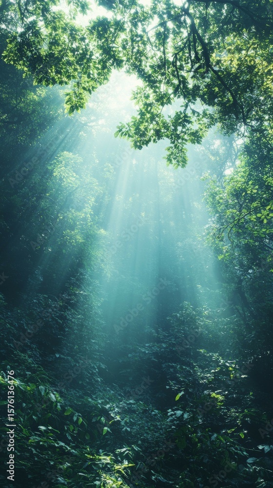 Obraz premium Sun Rays Through Forest Canopy Creates a Mystical Atmosphere