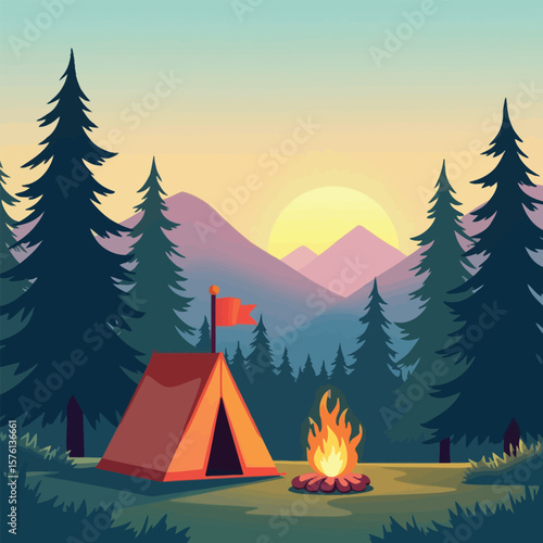 Stunning Forest Camping Illustration with Mountain Background