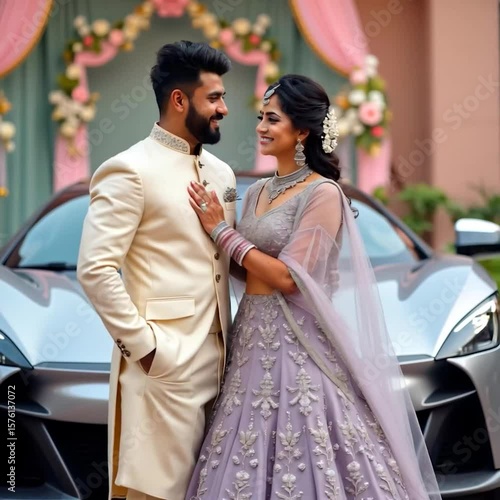 Elegant Indian couple in wedding attire posing with luxury car and floral decor, Generative Ai.