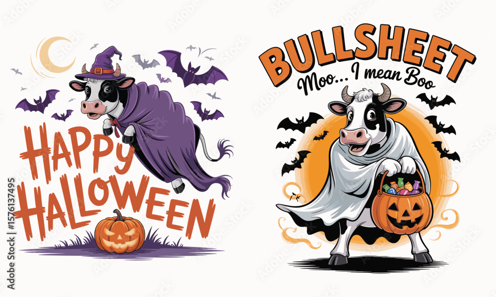 Fototapeta premium Happy Halloween Cow Flying on a Broomstick with Trick or Treat Bag, Surrounded by Bats, Spider Webs, and Full Moon, Perfect for Fun Halloween Party Designs and Illustrations