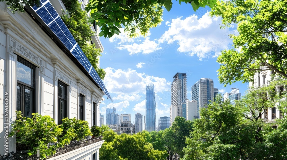 Fototapeta premium Urban Landscape with Solar Panels and Green Trees in City Scene