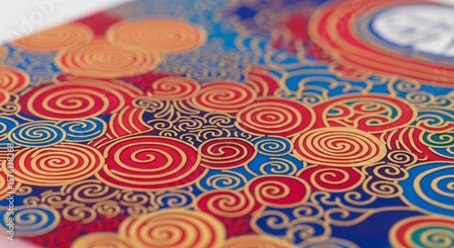 Vibrant Abstract Textile Pattern with Swirling Lines and Floral Motifs