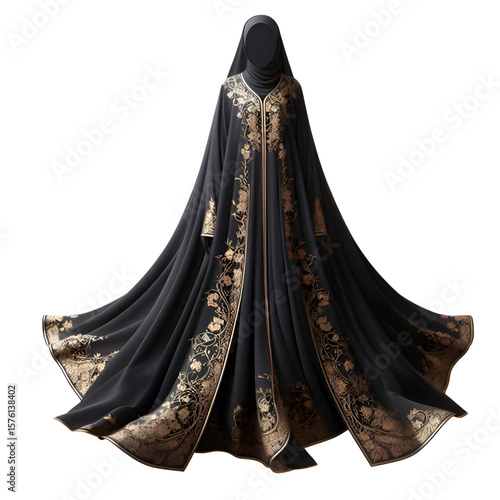 black abaya with gold embroidery, transparent background