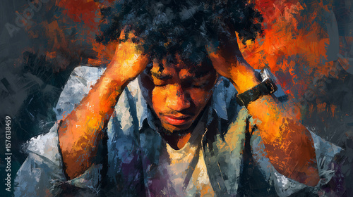Painting-style illustration of a stressed young Black man holding his head with both hands, emotional expression, textured brush strokes, and dramatic artistic lighting.