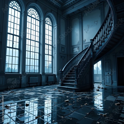 Dark Abandoned Manor Interior with Grand Curved Staircase and Large Arched Windows