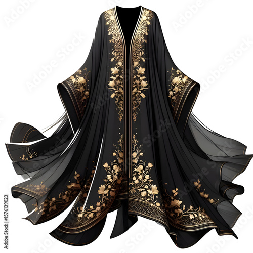 black abaya with gold embroidery, transparent background