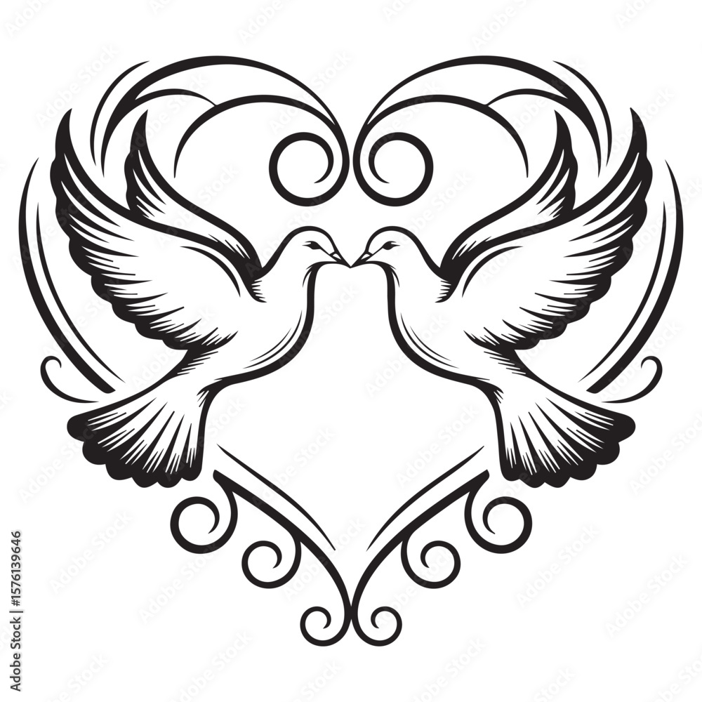 Fototapeta premium Elegant black and white illustration of two doves kissing within a heart shape with ornate swirls and flourishes
