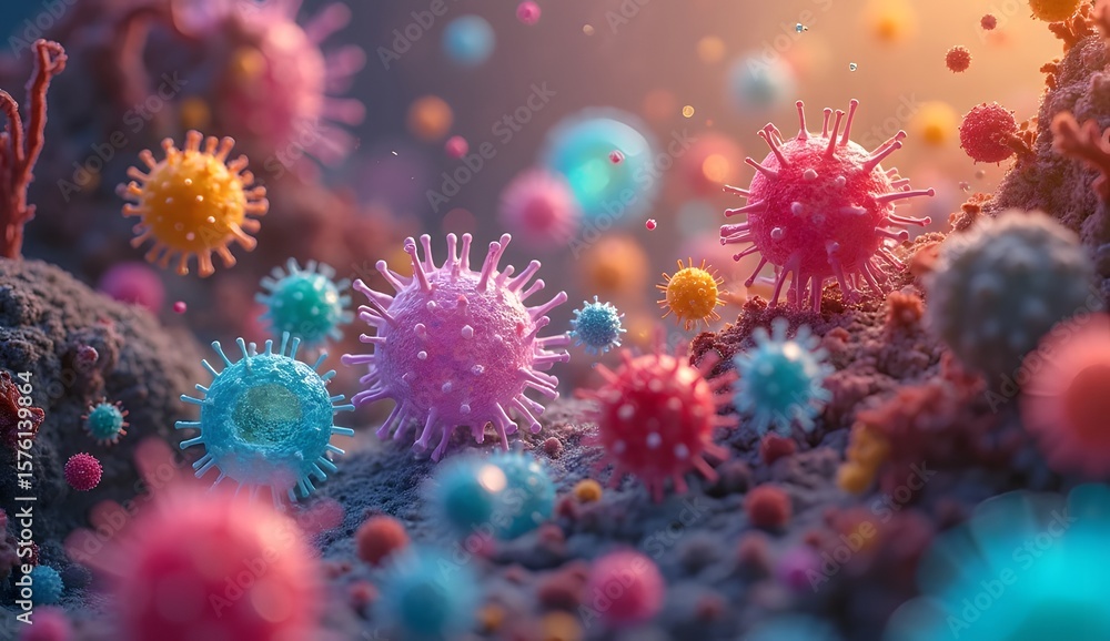 Fototapeta premium Colorful 3D Virus Cells Under Microscope – Medical Sci-Fi Concept