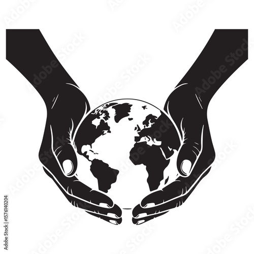 Two cupped hands gently holding the planet earth in a protective gesture against a white background