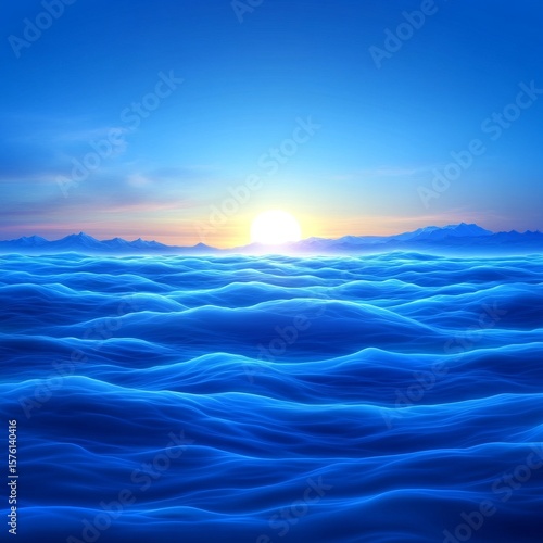 Digital Rendering of Sunrise over Ocean Waves and Mountains