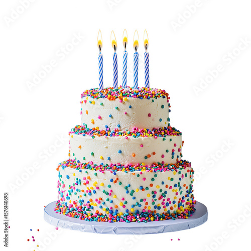 Festive tiered cake with colorful sprinkles and lit candles isolated on a transparent background birthday