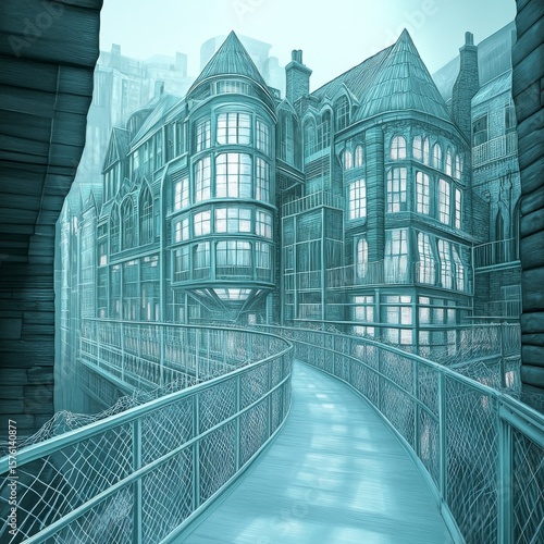 Elevated Walkway and City Buildings in Teal