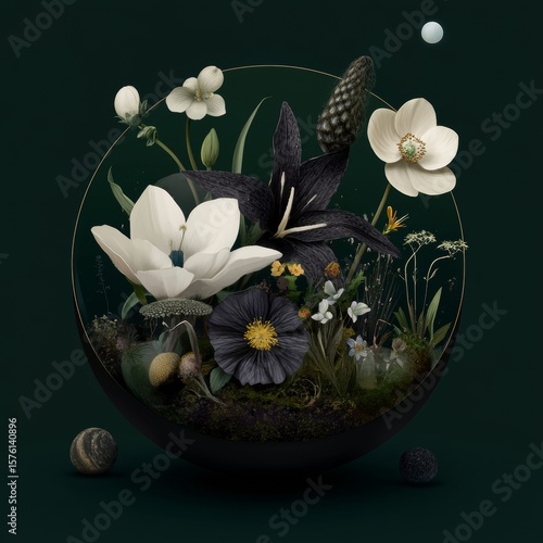 Enclosed Floral Arrangement with Dark and Light Flowers and Spheres