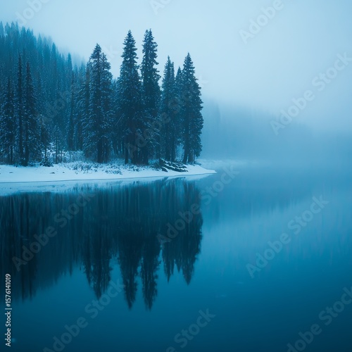 Evergreen Trees Reflected in Foggy Lake