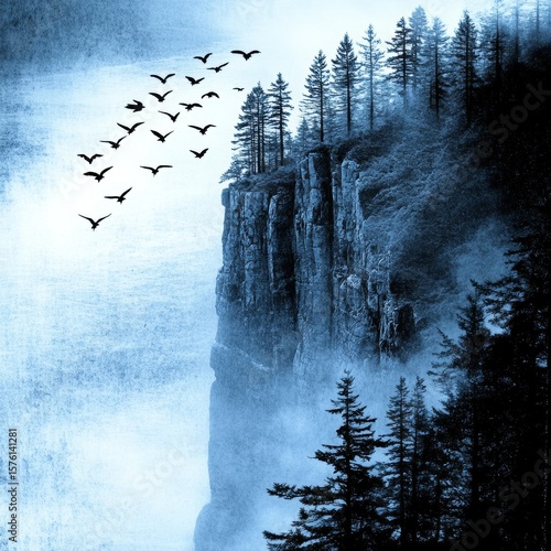 Flock of Birds Approaching a Fog-Shrouded Cliff