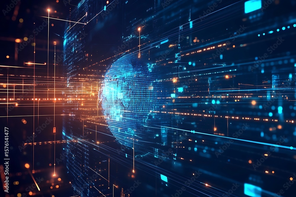 Fototapeta premium Abstract Global Binary Network, Digital Data Transfer, Artificial Intelligence Concept