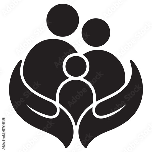 Stylized black icon of a family of three protected by two caring hands forming a shield shape