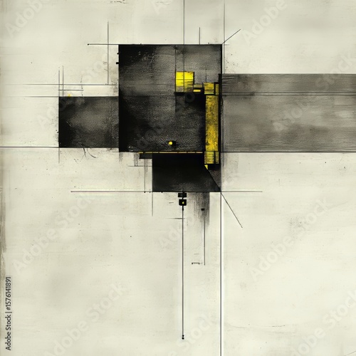 Geometric Abstract Composition in Black, Gray, and Yellow