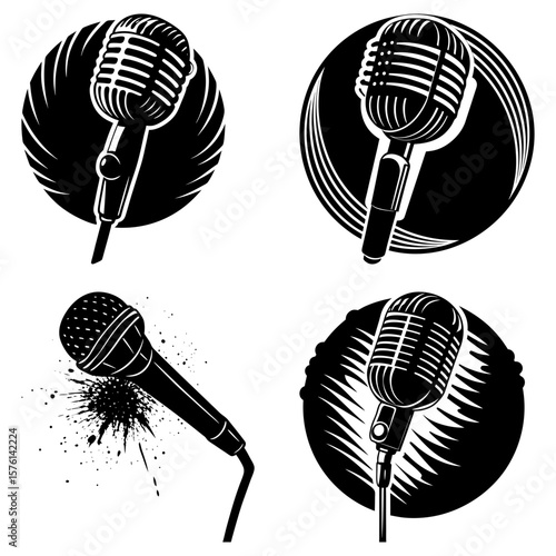 Illustration of four vintage style microphones with different artistic backgrounds in black and white