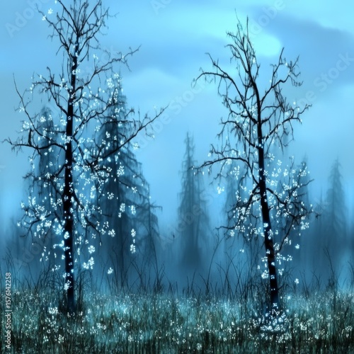 Glowing Trees in a Misty Forest