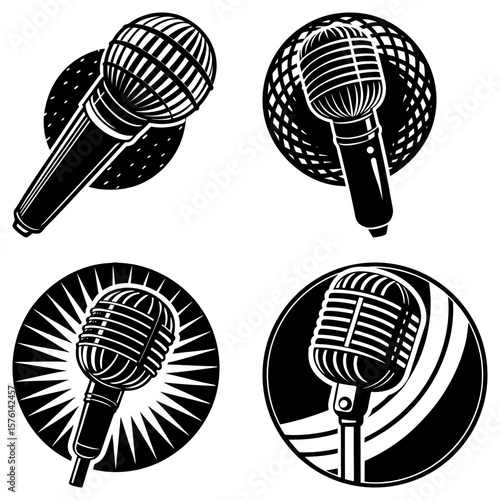 Four retro style microphone illustrations with circular backgrounds in black and white design concept