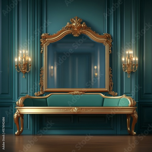 Gold-Framed Mirror, Teal-Upholstered Settee, and Gilded Sconces in an Ornate Room