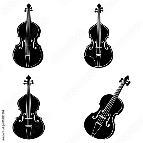 Collection of four black and white stringed instruments with detailed f holes and tuning pegs