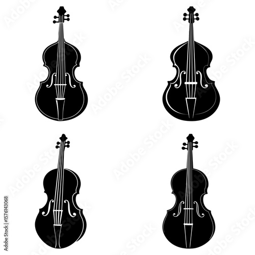 Four stringed instruments in black silhouette arranged on a white background in a square format