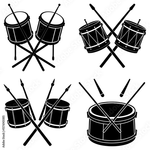 Illustration of four drum sets with drumsticks in black and white musical instrument theme design style