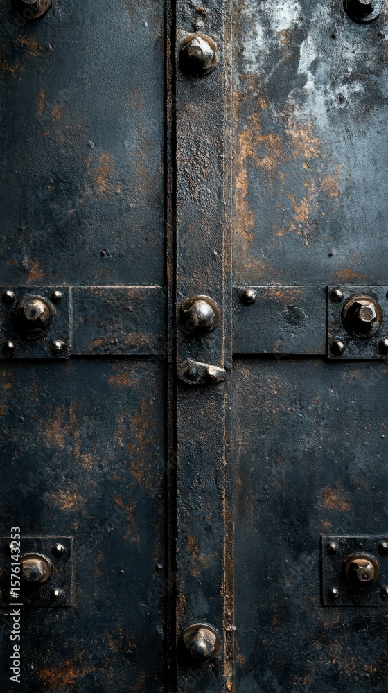 Fototapeta premium Rustic Metal Door Texture with Rivets and Weathered Detail