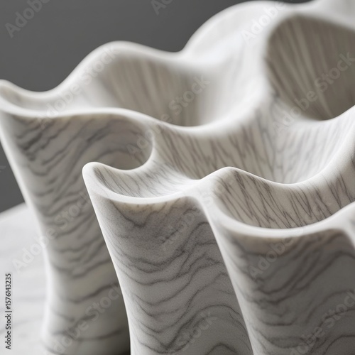 Gray-Veined Marble Sculpture with Undulating Concave Forms