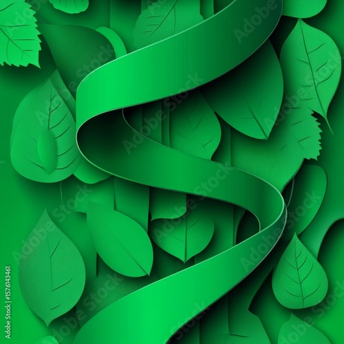 Green Ribbon and Layered Leaves Design