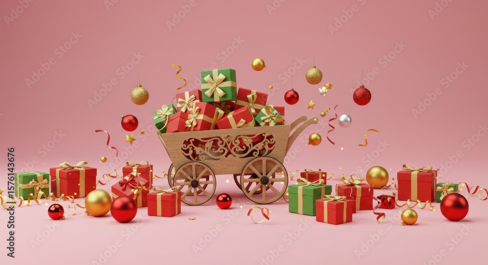 Naklejka premium A wooden wagon overflowing with wrapped gifts on a pink background, surrounded by scattered ornaments, ribbons, and presents
