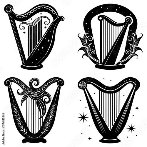Collection of four stylized harps with decorative elements in black and white illustration style