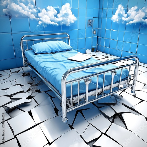 Hospital Bed in a Room with Cracked Floor and Clouds