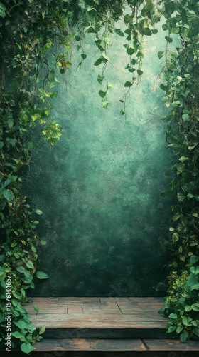 Ivy Covered Wall with Wooden Platform Backdrop