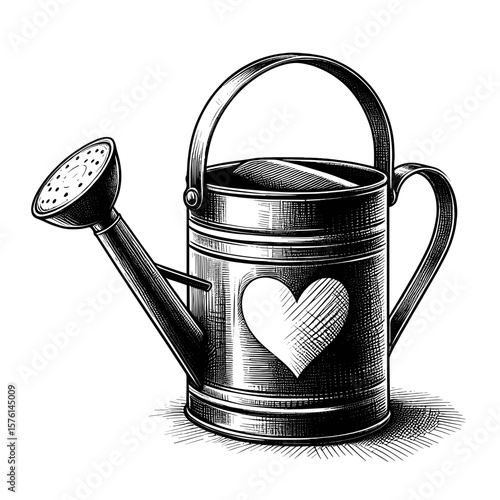 Watering can with heart illustration in black-and-white for gardening